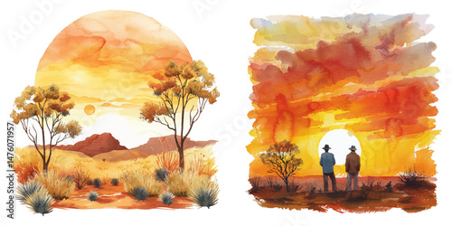 outback sunset watercolor vector illustration
