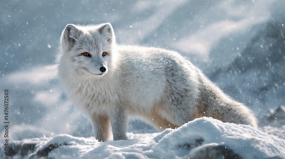 Arctic fox stands in snowy landscape Arctic fox stands in snowy landscape