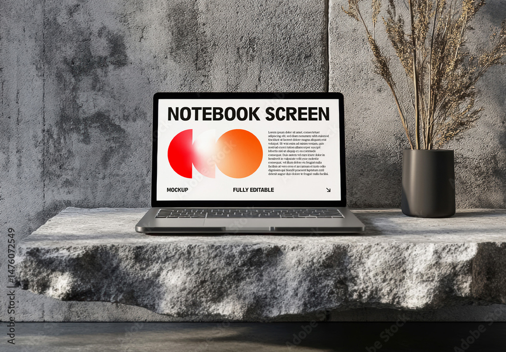 Notebook Screen Mockup on Floating Stone Platform with Vase Stock ...