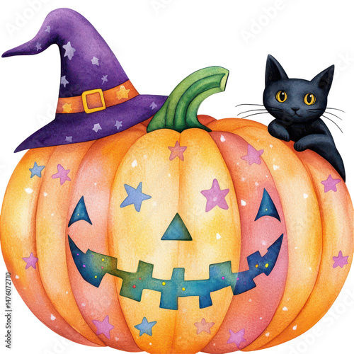 Obraz na płótnie Festive Halloween Composition: A whimsical illustration features a charming jack-o'-lantern adorned with a witch's hat, accompanied by a curious black cat, all set against a vibrant, festive backdrop. w salonie