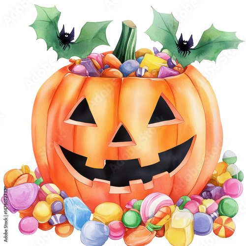 Obraz na płótnie Halloween Pumpkin Delight: A whimsical pumpkin brimming with a delightful assortment of colorful candies and adorned with playful bats, perfect for evoking the spirit of Halloween. w salonie