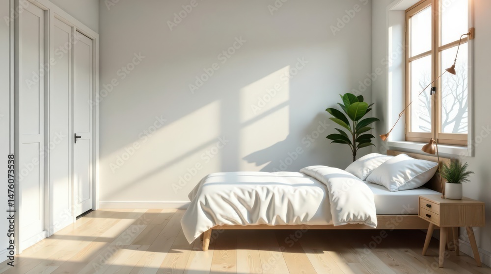 Obraz premium Serene Minimalist Bedroom with Sunlight Streaming Through Window and Light Wood Floor