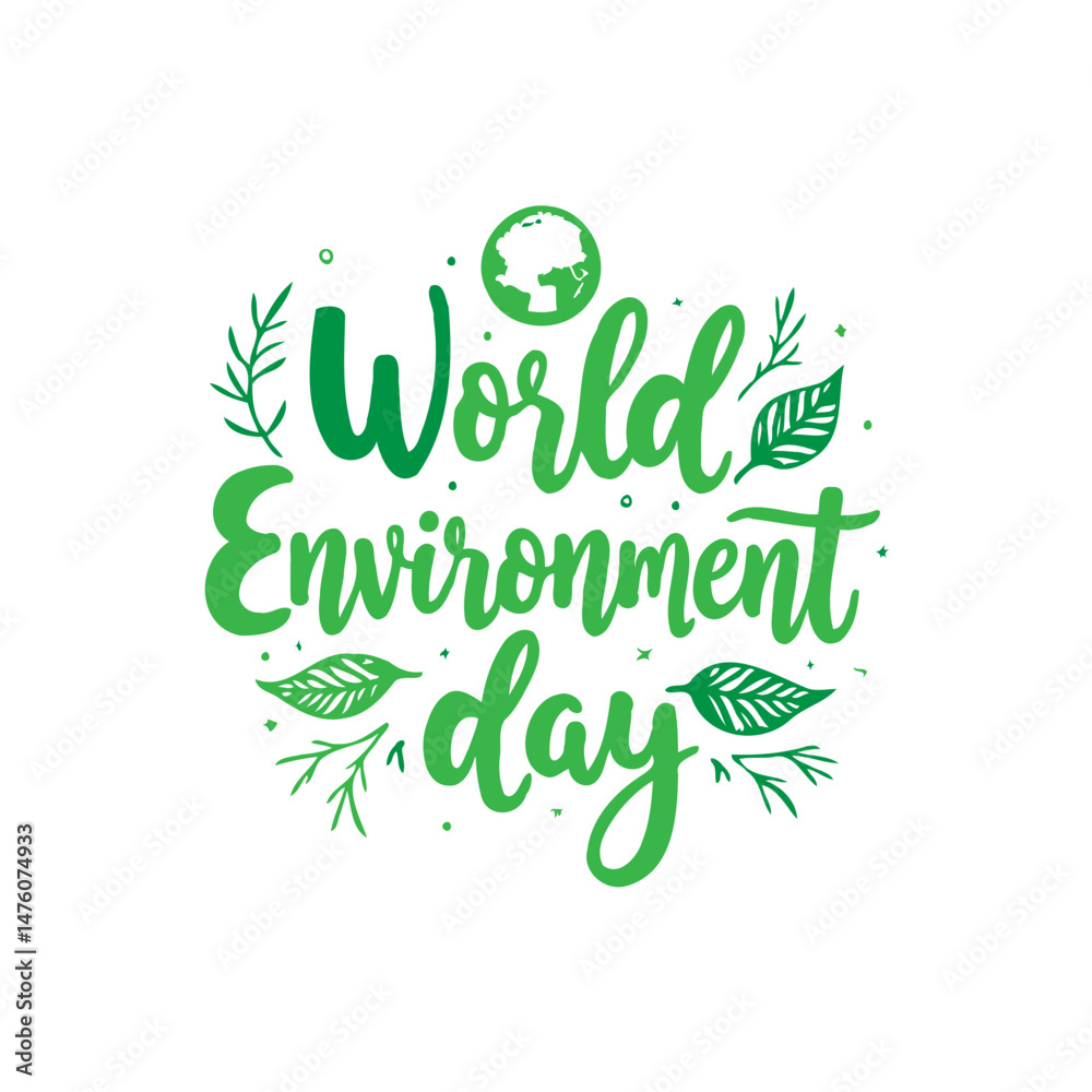 Fototapeta premium Green lettering of world environment day with leaves and a globe illustration