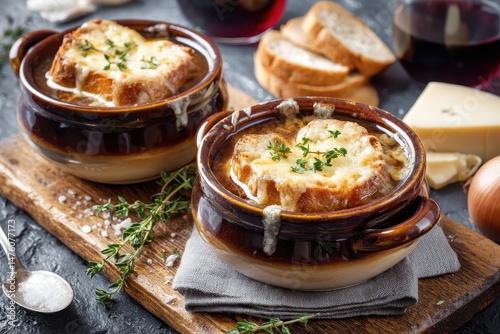 Onion soup with toast and cheese French vegetarian dish