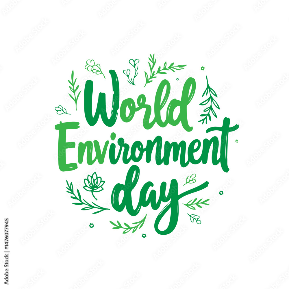 Fototapeta premium Lush green world environment day lettering with botanical vector elements