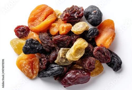 A Colorful Assortment of Dried Fruits Including Apricots, Raisins, and Figs for Healthy Snacking and Cooking Options in Bright Light Background