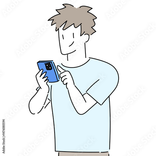 男性　スマホ　シンプル　線画　おしゃれ　スマホをいじる