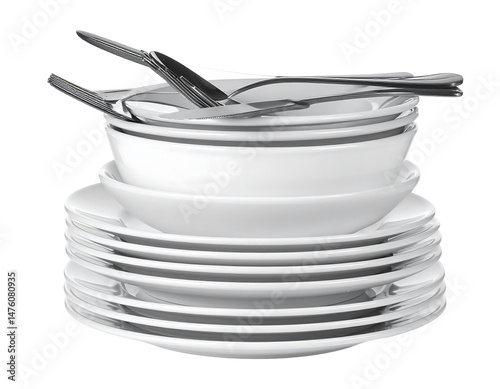 Stack of Clean White Plates Bowls and Silverware