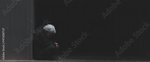 An elderly figure sits hunched over in a dark corner, conveying a feeling of solitude