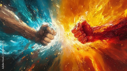 Clash of the Titans Illustration - Two Fists Collide in a Burst of Color and Energy