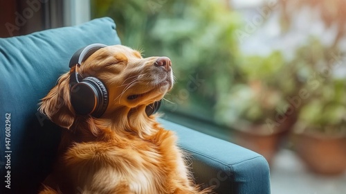 Golden Retriever Relaxing with Headphones Listening to Music Peaceful Dog