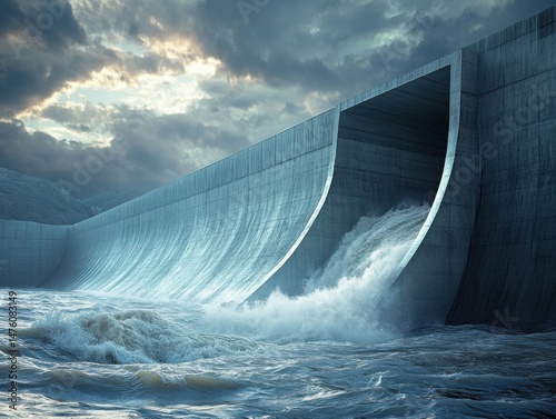 Hydroelectric dam releasing water with dramatic sky and mountain backdrop in a wide angle shot of power generation