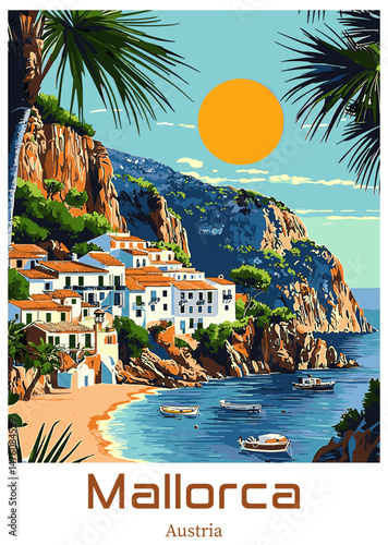 Mallorca Beach Vector Illustration. Tropical Island Scenery.