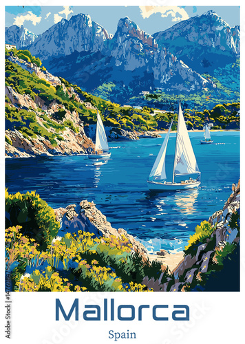 Mallorca Spain Vector Illustration with Sailboats and Mountains.