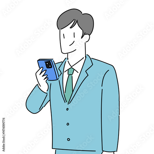 男性　スマホ　シンプル　線画　スーツ　スマホを見る　ビジネス