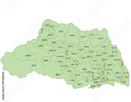 埼玉県　地図　黄緑　斑点　イラスト