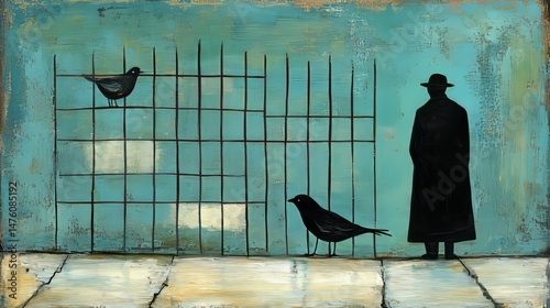 A Moment of Contemplation: A thought-provoking piece, featuring a person in silhouette gazing toward caged birds, evokes themes of freedom, confinement, and reflection.