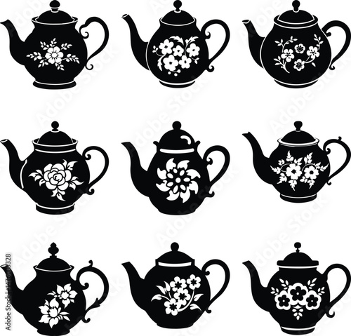 Black teapots exhibit floral patterns against white creating a symmetrical, elegant pattern