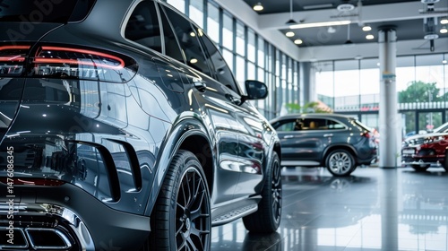 Luxury SUV new cars parked for sale and rent in modern showroom. Generate AI