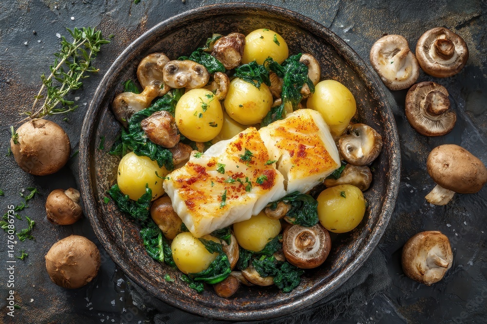 Overhead view of smoked cod fillets with potatoes mushrooms and spinach Overhead view of smoked cod fillets with potatoes mushrooms and spinach