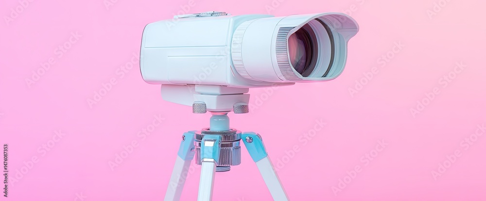 Blue & white device, on a tripod, angled view, on a gradient pink background, close-up studio shot Blue & white device, on a tripod, angled view, on a gradient pink background, close-up studio shot