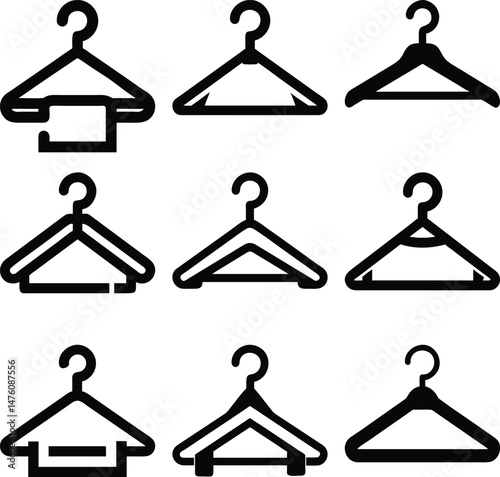 Multiple garment hangers present diverse design variations, rendered in stark black lines over white