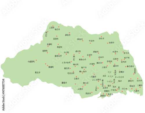 埼玉県　地図　黄緑　斑点　イラスト