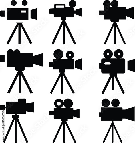 Nine black camera silhouettes on tripods show different vintage styles and shapes