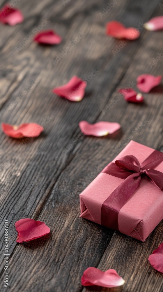 Pink gift box surrounded by rose petals on a dark wooden table Pink gift box surrounded by rose petals on a dark wooden table