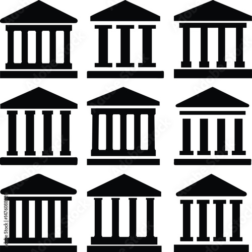 Nine black icons showcase buildings with columns arranged in a grid formation, is simple