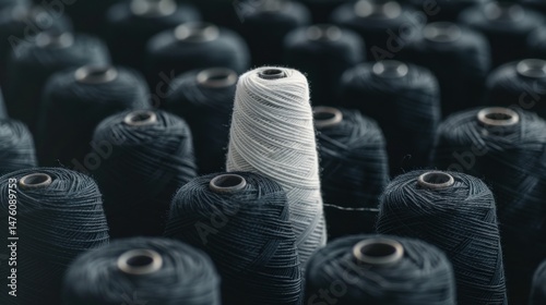 Different concept of white yarn spools stand out from many black yarn spools in industrial factory.