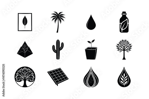 et of Black and White Icons Representing Sustainability, Environmental Awareness, and Nature, Including Plants, Water Conservation, Solar Energy, and Eco-friendly Symbols