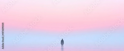 Solitary figure against a pastel gradient sky