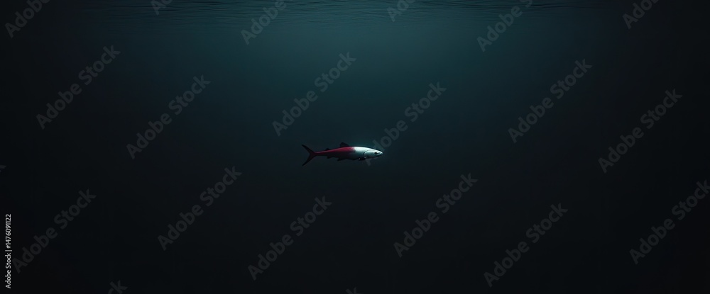 Fish swims in dark ocean. Light from above Fish swims in dark ocean. Light from above