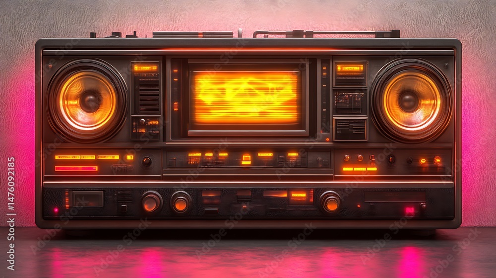 Fototapeta premium A detailed futuristic stereo system with orange and pink lighting