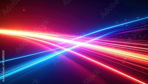 Abstract Dynamic Light Trails Vibrant Blue and Red Neon Lines Crossing on Dark Background