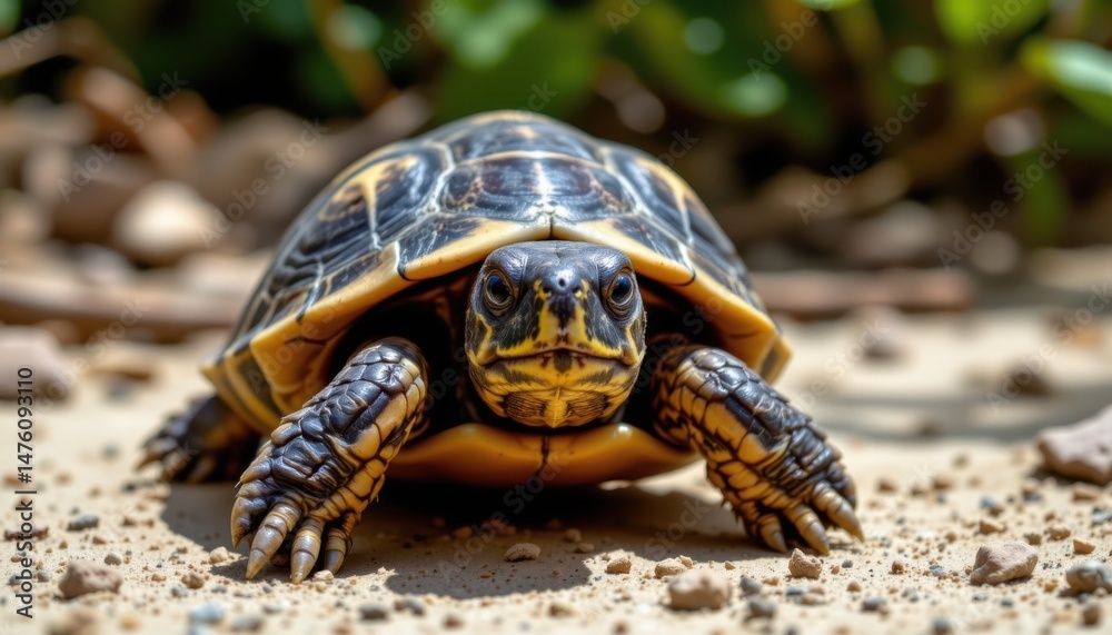 Obraz premium Turtle moving on sand natural habitat wildlife photography outdoor setting close-up view reptile behavior