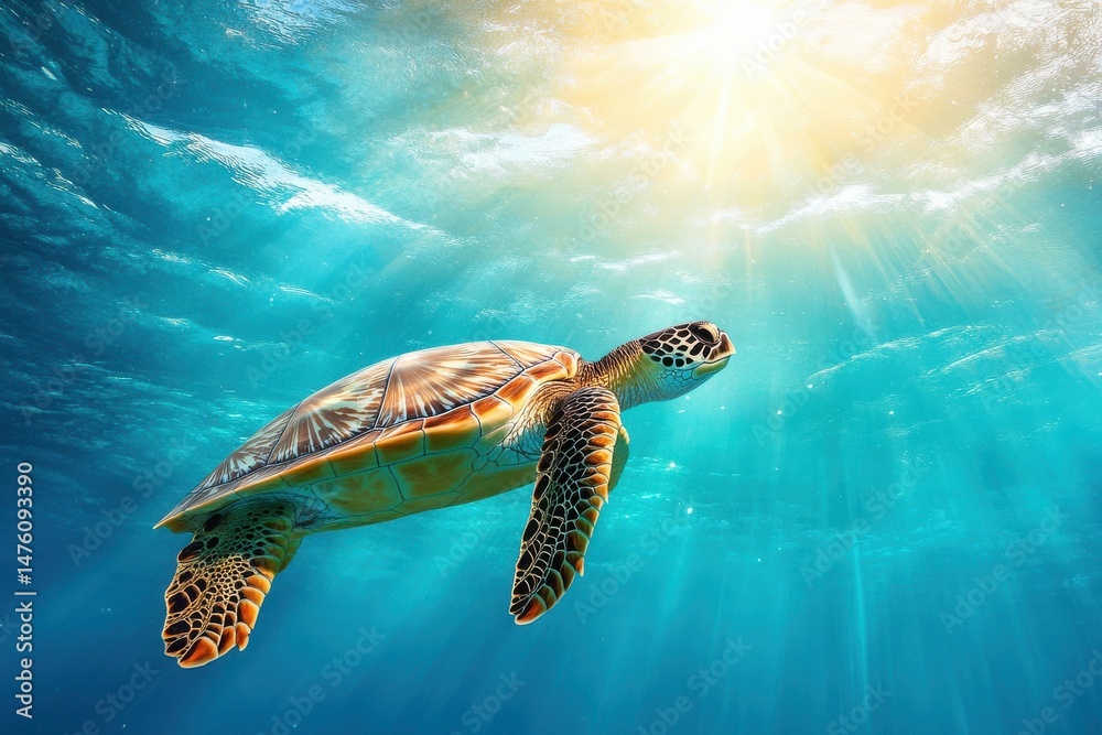 Fototapeta premium A majestic turtle glides beneath the waves in a sunlit underwater paradise of natural beauty