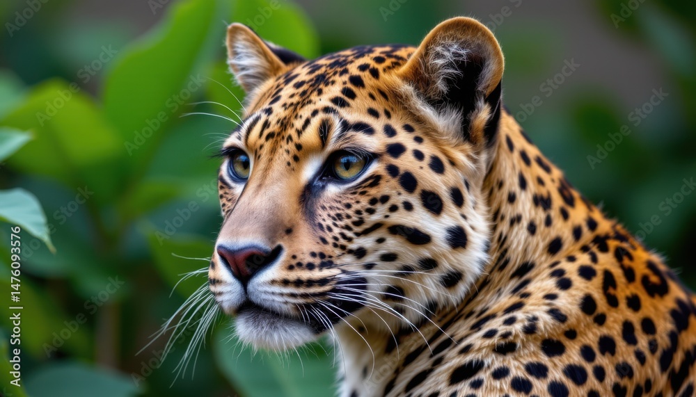Fototapeta premium Majestic leopard observing its surroundings in a lush green habitat nature photography close-up view