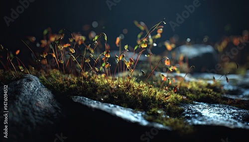 Tiny plants sprout from dark, damp rocks.  Close-up of vibrant moss and delicate shoots