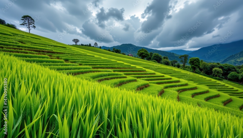 Fototapeta premium Lush green rice terraces mountain region landscape photography cloudy skies scenic viewpoint nature's beauty