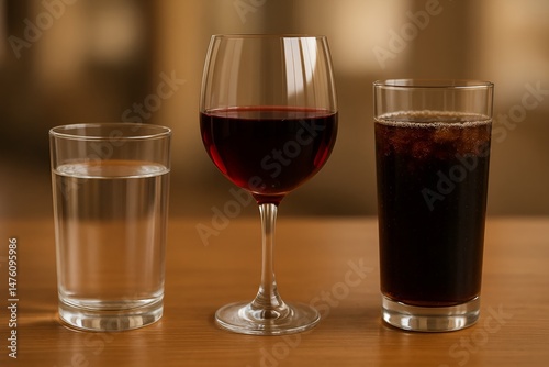 A glass of water beside untouched wine and soda glasses, representing abstemious drinking habits.