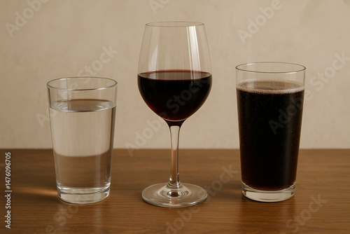 A glass of water beside untouched wine and soda glasses, representing abstemious drinking habits.