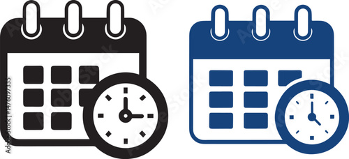 Calendar and Clock Icons Set: Black & Blue Vector Illustration for Time Management, Schedule, Appointment, and Deadline Concepts