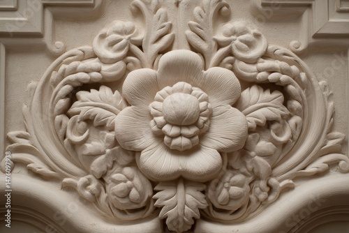 Ornate, carved floral motif on a light beige panel.