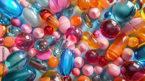 Pile many colorful medicines pills, capsules and tablets as background. Generated AI image