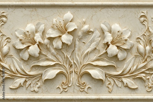 Ornate carved floral design on beige stone panel.