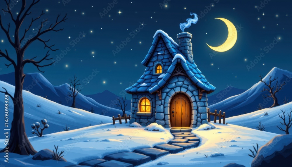 Fototapeta premium Cozy winter cottage snowy landscape digital art night scene whimsical view tranquil atmosphere