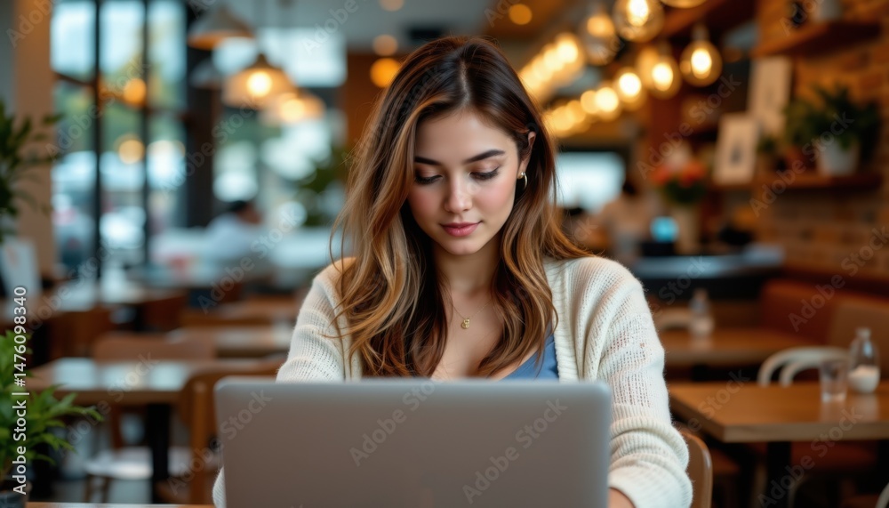 Focused working woman using laptop in cozy urban coffee shop emphasizing productivity in a comfortable environment