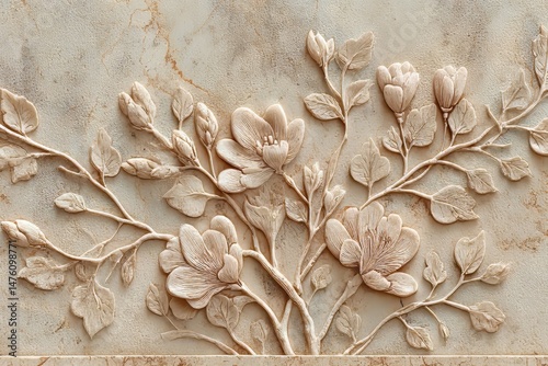 Intricate floral carving on a light beige stone surface.
